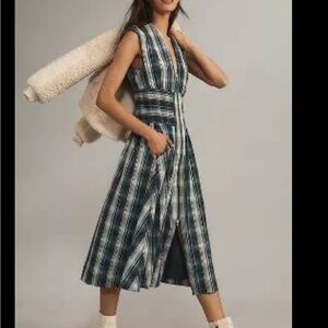Anthropologie the Tommie dress Blue and White Plaid Midi new